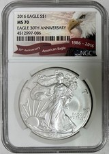 2016 American Silver Eagle, NGC MS-70, Eagle 30th Anniversary Label