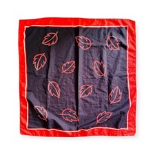 Vintage Silken Square Scarf, Autumnal Falling Leaf Print Red  Brown 
