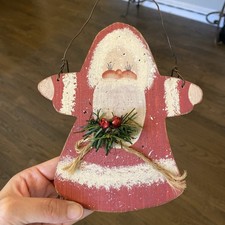Vintage Hand Painted Wood Santa Door Wall Hanger