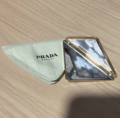 PRADA Beauty Triangle Compact Mirror w/ Pouch, Silver Metal- Double Mirror
