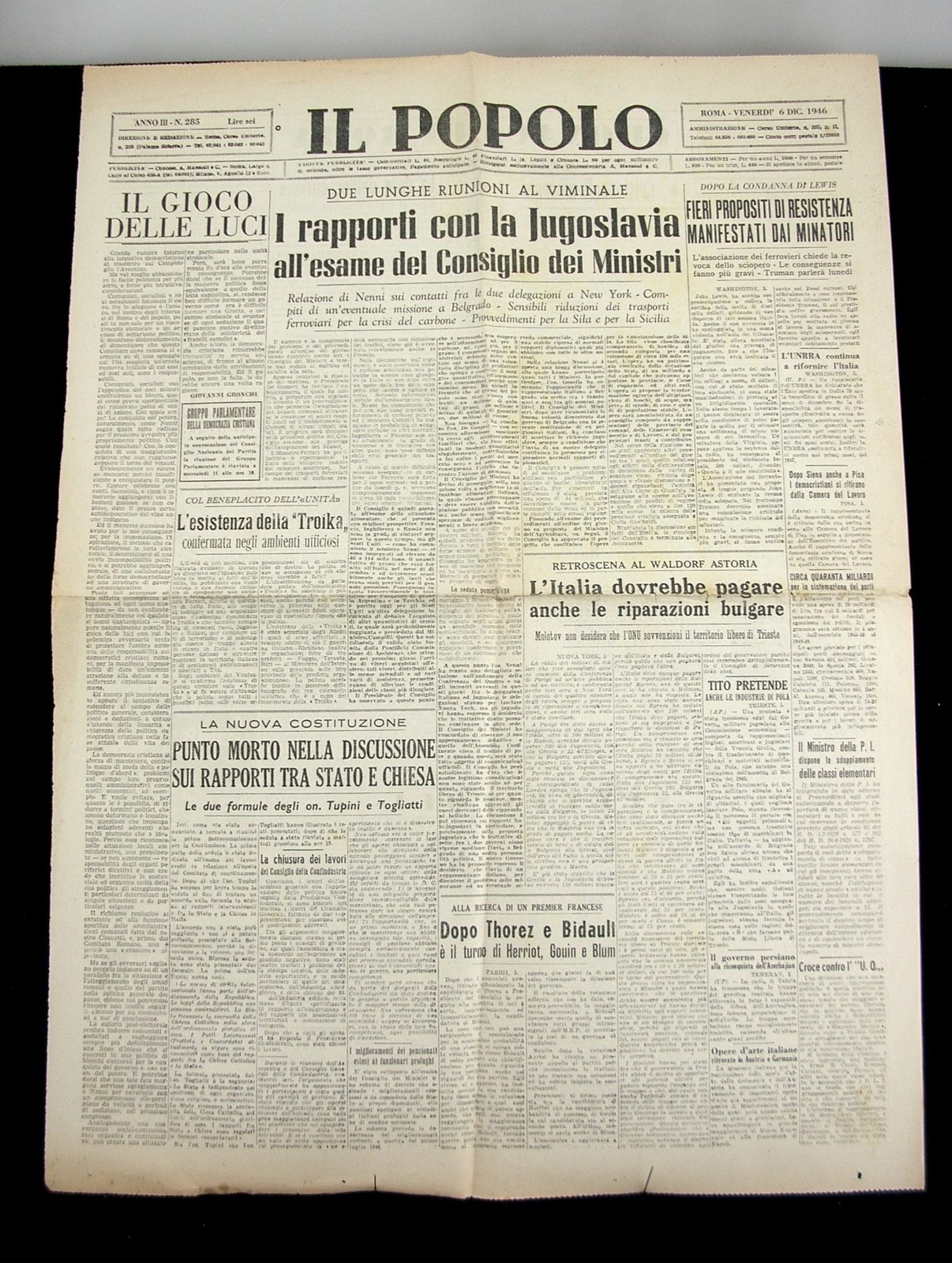 GIORNALE IL POPOLO ROMA 1946 RAPPORTI CON LA JUGOSLAVIA