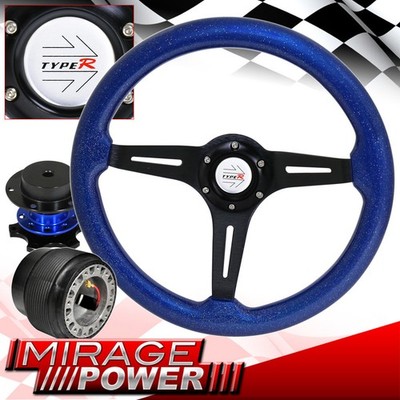 Adapter + Blue Wood Sparkling Steering Wheel + Quick Release For 89-05 Eclipse