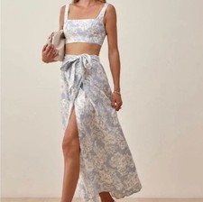 Reformation Palm Linen Porcelain Blue & White Floral Tie Waist Maxi Set Sz 6