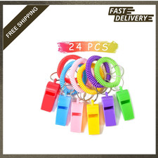 Kids Whistle Bracelets Set with Keychains, Plastic Neon Sports Party Favors Bulk