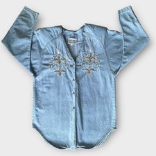 Monique Fashions Denim Shirt Womens 10 Blue Chambray Western Studded Embellished