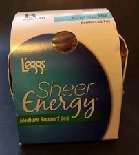 NOS L'eggs Sheer Energy Control Top Reinforced Toe Pantyhose, Suntan - Size B