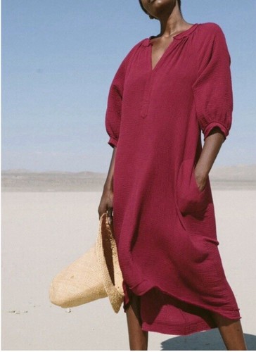 Ocean + Main Gauze Kaftan Maxi Dress Swim Coverup in Burgundy S/M