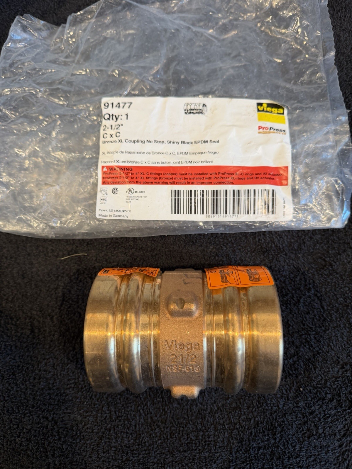 Viega Pro Press, Item# 91477, Size 2 1/2”, Bronze XL coupling, No Stop