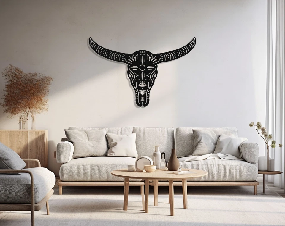 Arte de pared de metal con calavera de toro, arte sobre la cama, calavera de toro de novillo de metal rústico grande Foto 3 de 4