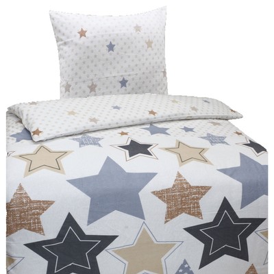 Hochwertige Biber Bettwäsche Baumwolle Sterne Blau Beige 135x200 80x80