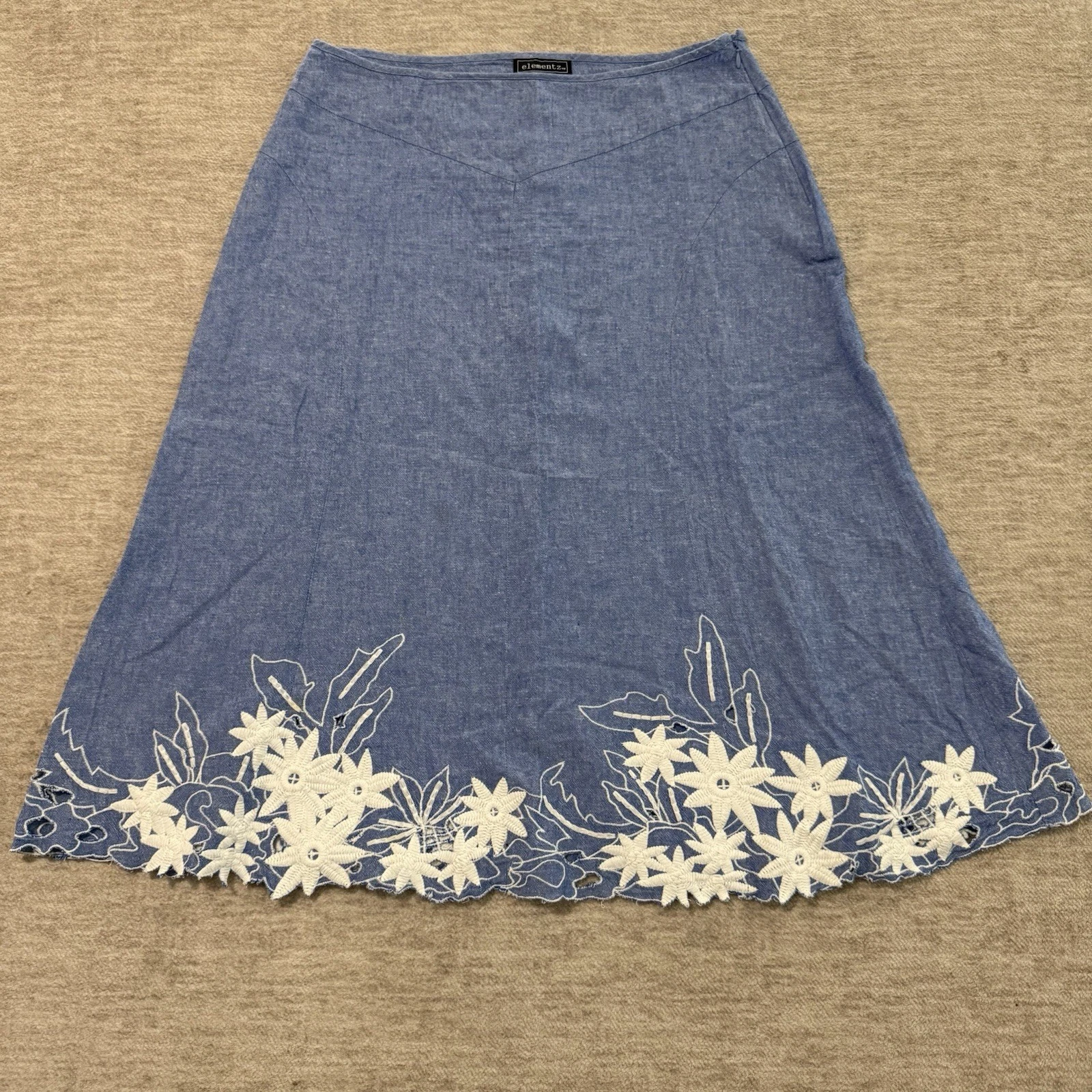 Elementz Floral-Embroidered Linen Midi Skirt