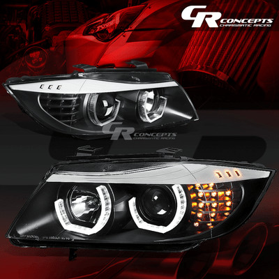 LED Halo Projector Headlights For 05-08 BMW E90 - Black Housing, Clear Lens