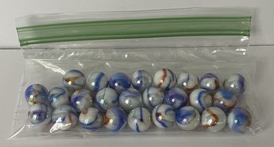 Lot Of 25 Bozo Glass Marble Players 5/8th inch Red, White, Blue