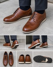 Men's Brown Wingtip Brogue Oxford Dress Shoes Leather Lace-Up. M0054