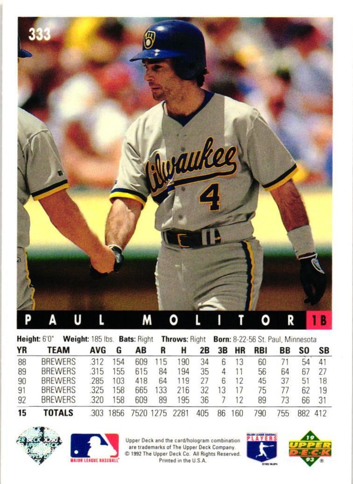 1993 Upper Deck 333 Paul Molitor Milwaukee Brewers eBay