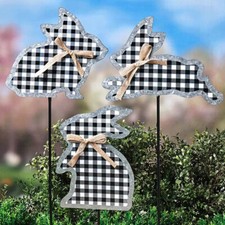 Galvanized Easter Bunny Gingham Garden Stake Spring Outdoor Home Yard Art Decor