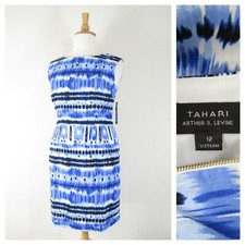 Tahari Womens Blue Navy White Tie Dye Linen Sheath Dress Size 12 Formal NWT $118