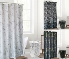 Marble Effect Shower Curtain Set With 12 Hooks White Black Gold 180x180cm