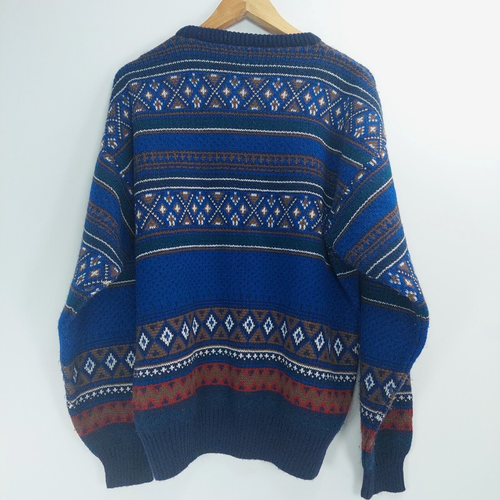 Knit Jumper Mens Size L / XL Blue Geometric Long Sleeve Oversized Y2K Acrylic - Picture 2 of 13