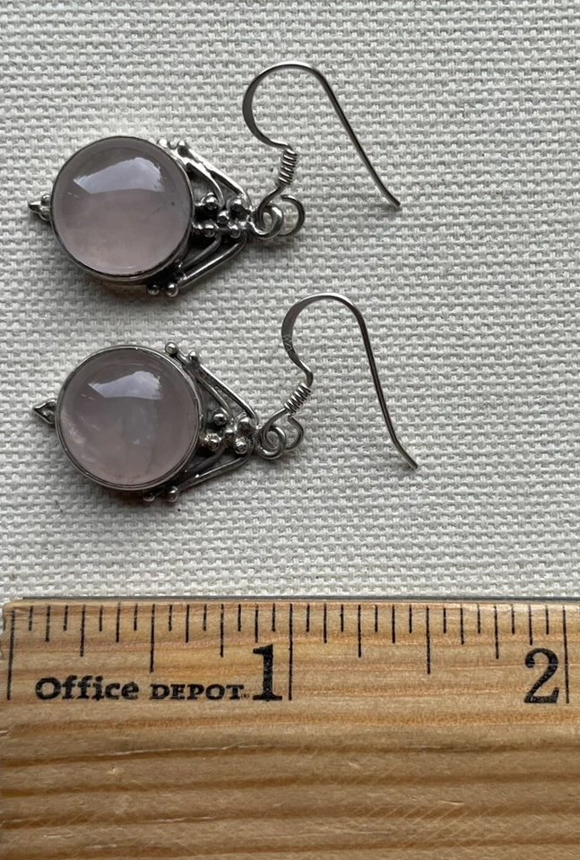Pendientes colgantes de cuarzo rosa caviar bohemio artesanales vintage de ley de 1,5" Foto 3 de 4