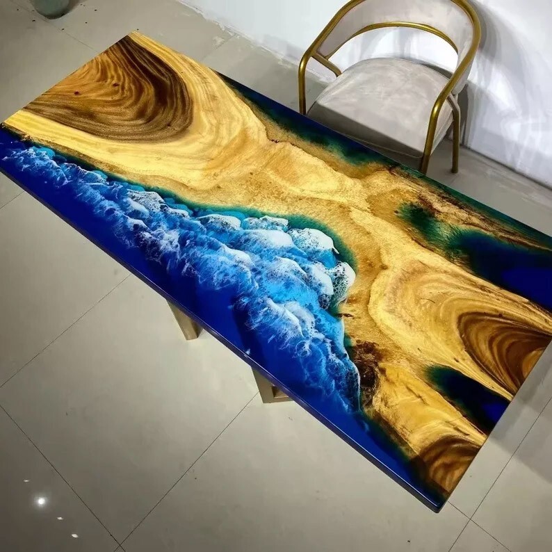 84x42 Blue Wave Epoxy Resin Live Edge Walnut Dining Table for Hallway Decor