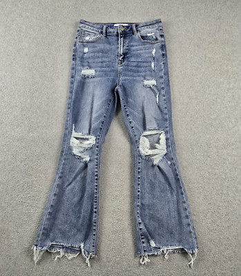 Risen Jeans Womens 9/29 Ankle Flare High Rise Distressed Raw Hem Blue Denim