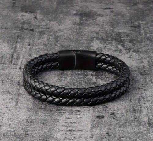 1 pcs Mens Leather Braided Wristband Bracelet Stainless Steel Magnetic 6mm Black - Picture 3 of 5