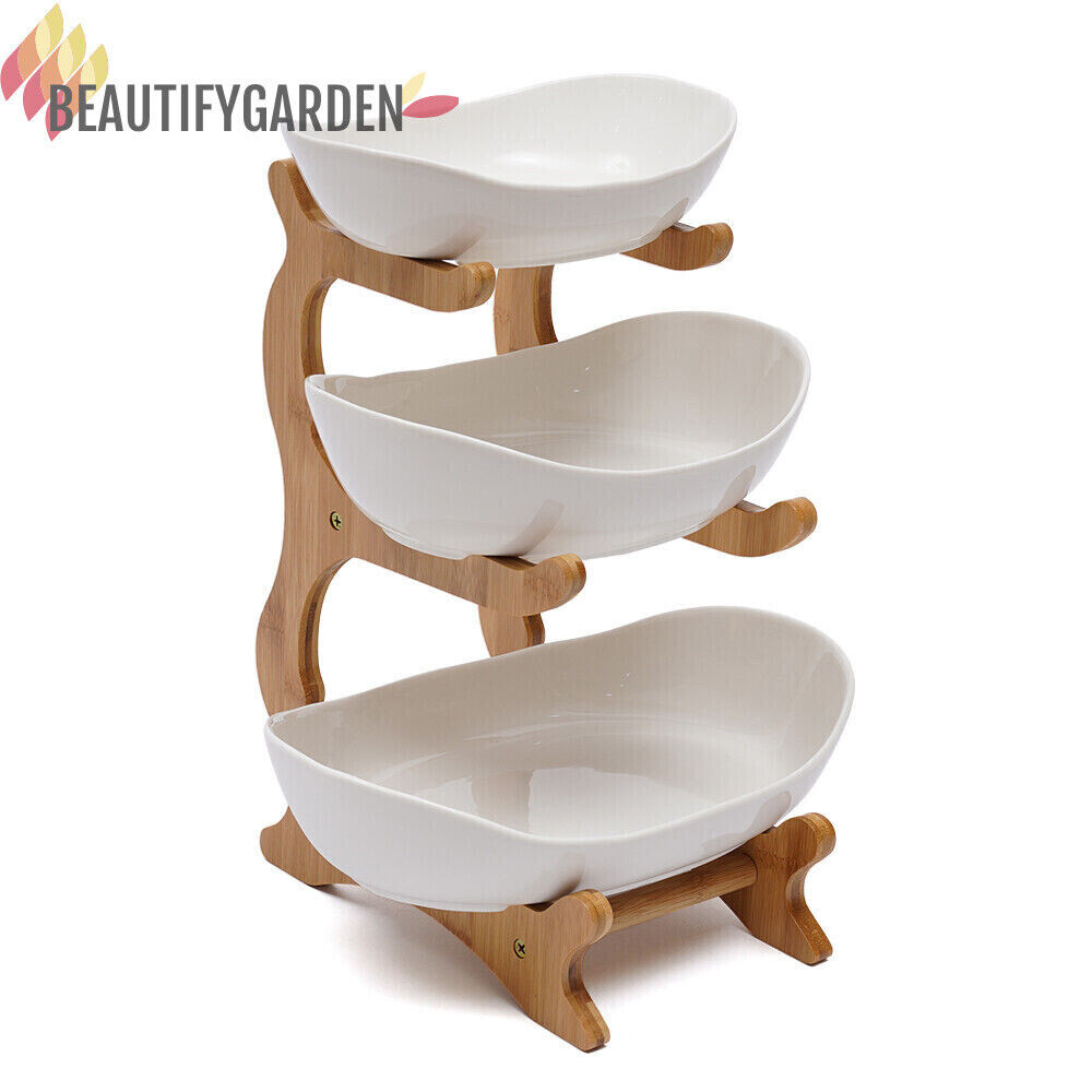 3Tier Kitchen Fruit Tray Ceramic Vegetable Fruit Basket Bowl w/Wood Shelf eBay