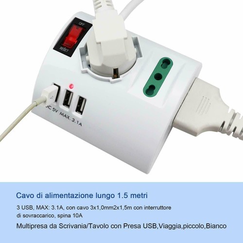 ciabatta Multipresa da Scrivania Tavolo con Presa 3 Prese 3 USB e interruttore - Foto 7 di 7