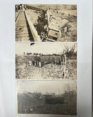 Three 1918 Real Photo Postcards RPPC Train Wreck Railroad Accident Derailment