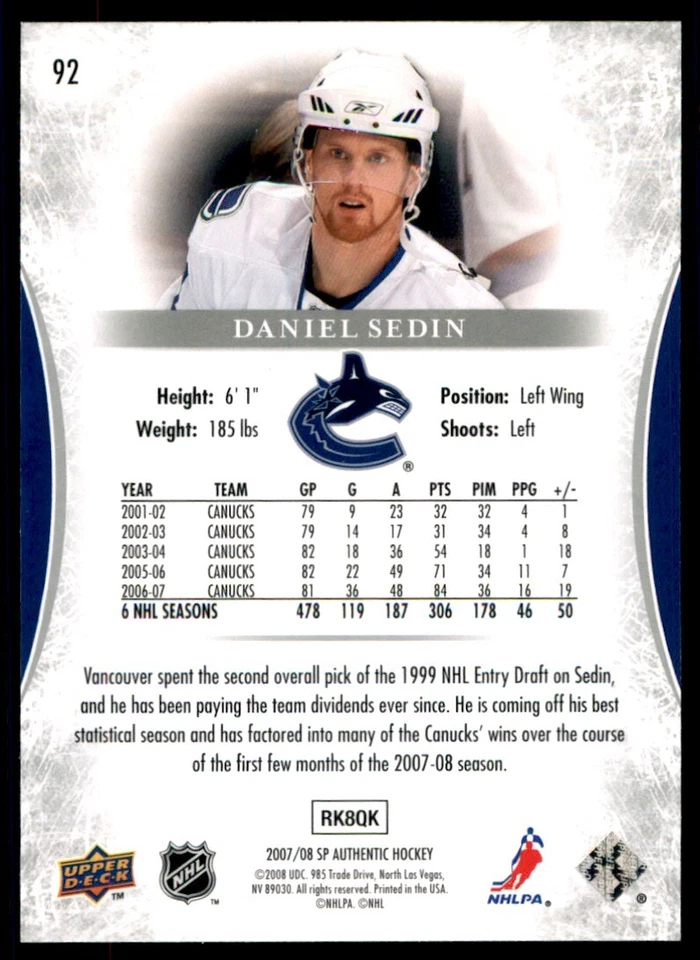 2007-08 SP Authentic Daniel Sedin #92 - Image 2 of 2