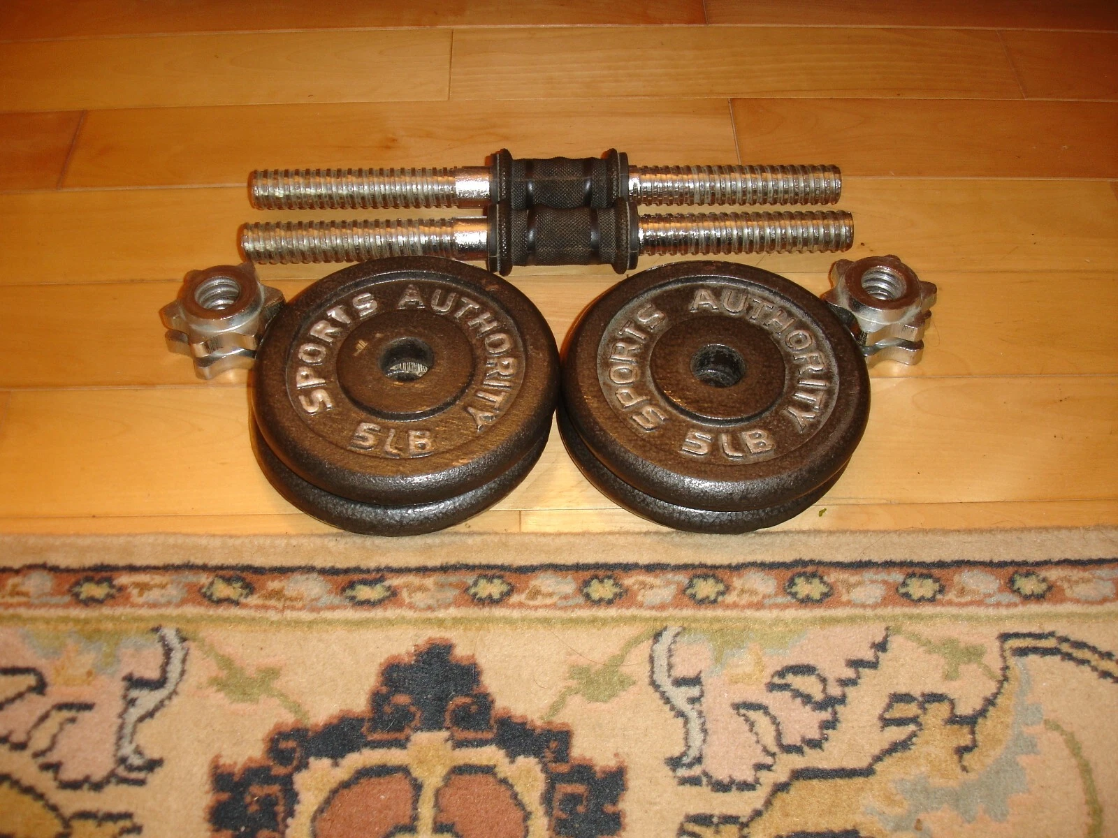 FOUR 5 LB Sports Authority Barbell Weight Plates w/2 Handles & 4 Collars 20 LBS
