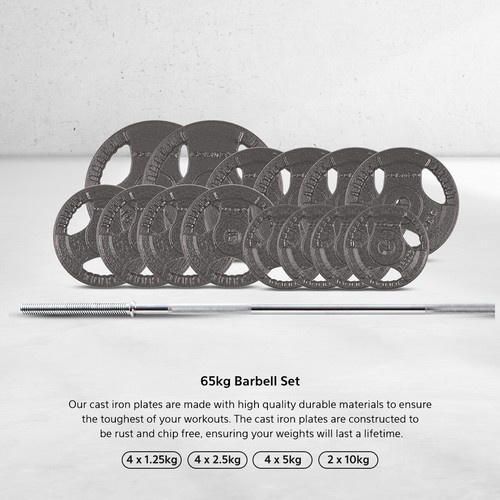 CORTEX Strength 65kg Tri-Grip 25mm Standard Barbell Cast Iron Weight Plate Set - Picture 2 of 6