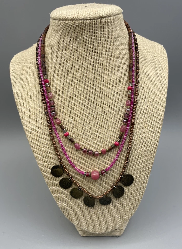 Ожерелье AEO бусины из семян и медные монеты 3 нити 18 дюймов розовое стекло - Изображение 4 из 4