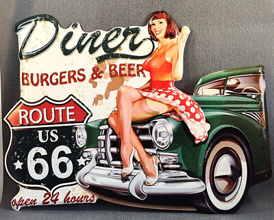 Blechschild Route 66 Diner Burgers & Beer Pin Up US Car Klassiker Oldtimer