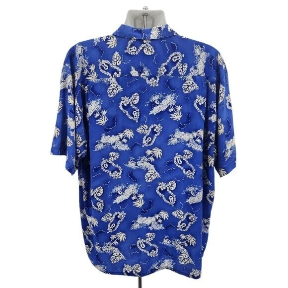 Vintage Ocean Current Mens XL Hawaiian Shirt Tropical Palm Tree Ukulele Blue - Image 3 of 4