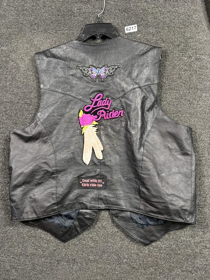 Vichen Leather Vest Womens Size XXL Black Lady Rider Butterfly Patches Biker - Image 2 of 4