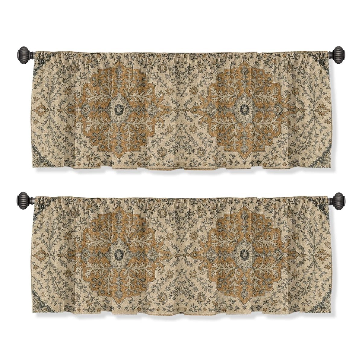 Boho Valance Curtain for Windows 2 Pack, Vintage Floral Bohemia Rod Pocket Wi...
