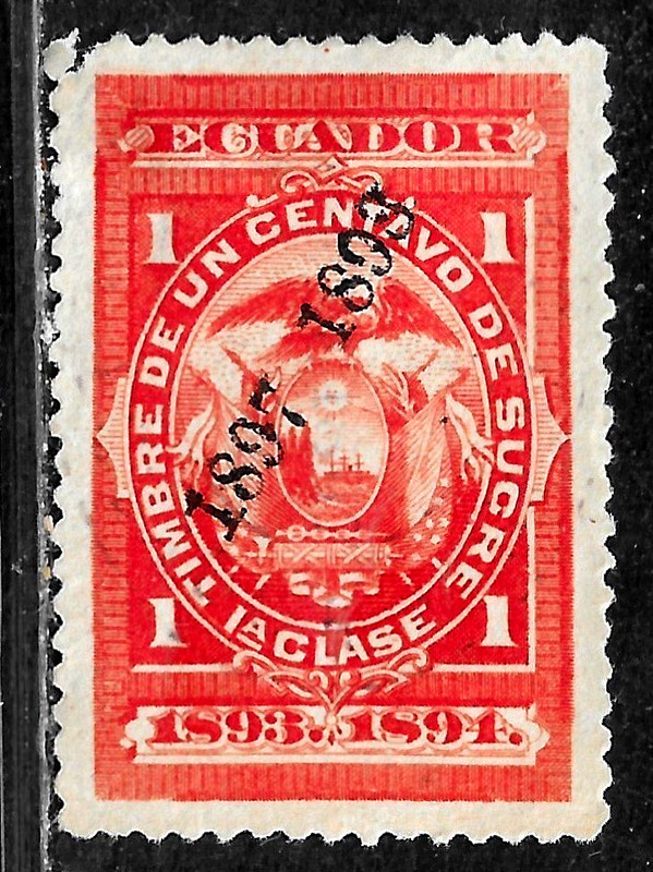 HICK GIRL- USED ECUADOR REVENUE STAMP   1893-1894  COAT OF ARMS FISCAL TAX  G845