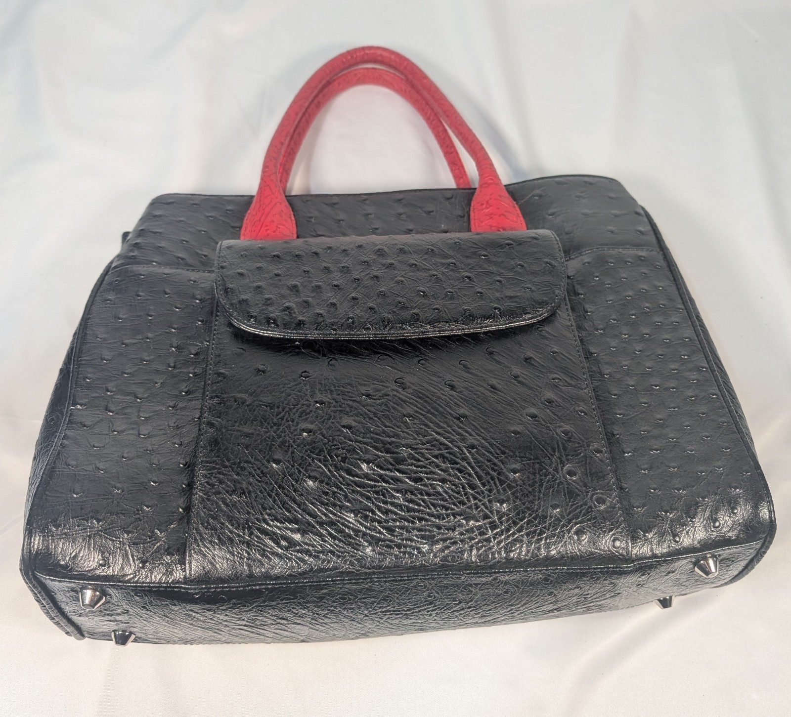 Ostrich Pattern Textured Top Handle Bag with Red Contrast Handles Purse