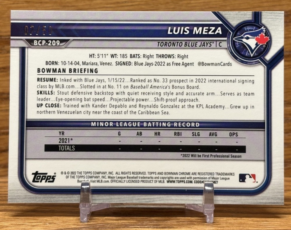 LUIS MEZA 1st Bowman Gold Shimmer /50 Refractor | 2022 Bowman Chrome BLUE JAYS view 2