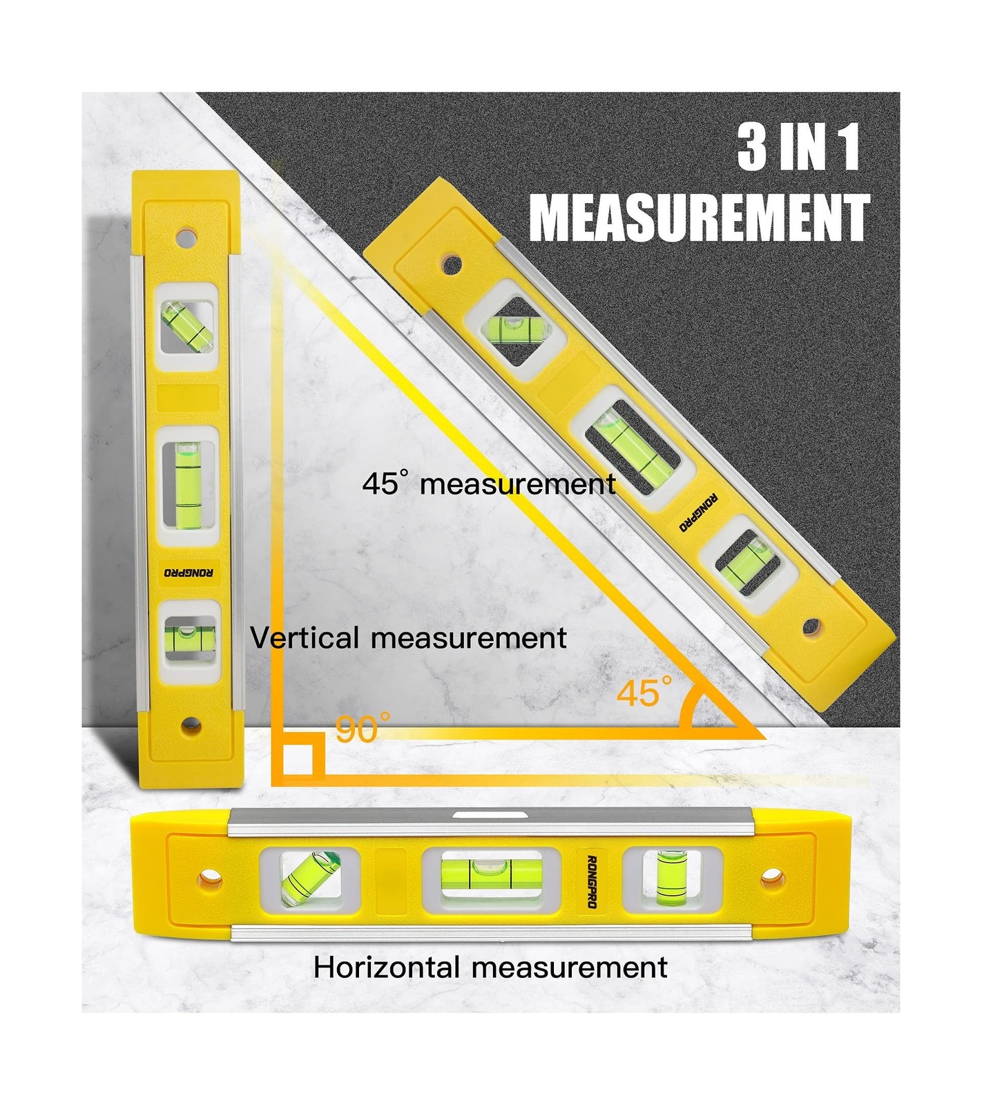 9 Inch Torpedo Level, Magnetic Box Level with 45°/90°/180° Bubble