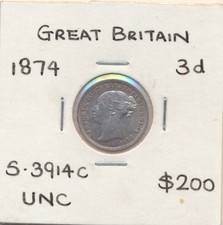 Great Britain: 1874 Queen Victoria 3d Threepence S-3914c Nice Grade 