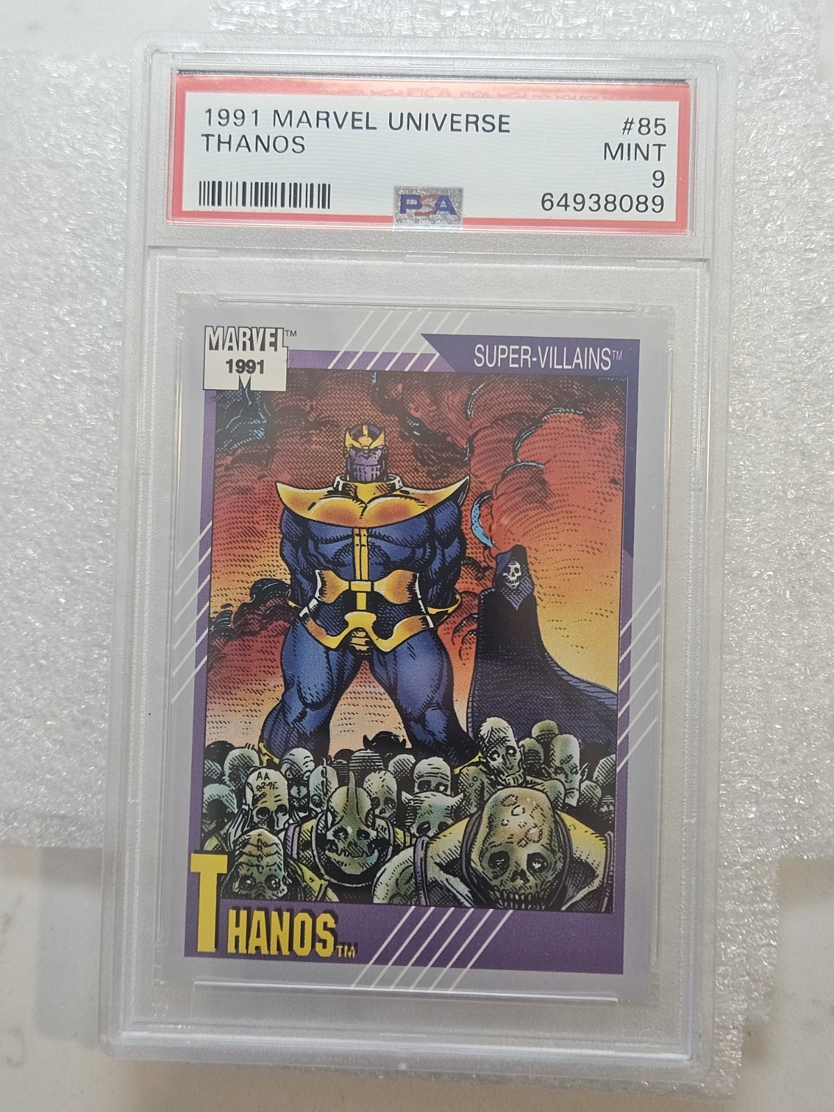 1991 Marvel Universe #85 Thanos PSA 9 Mint Super Villains Card view 1