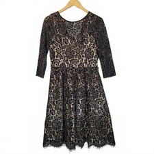 ELIZA J Navy Blue Cream Floral Lace Dress Classic Lined Knee Length Three Quart