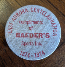 Pièce centenaire BAEDERS SPORTS 1974 East Aurora NY 1874-1974 BOIS NICKEL