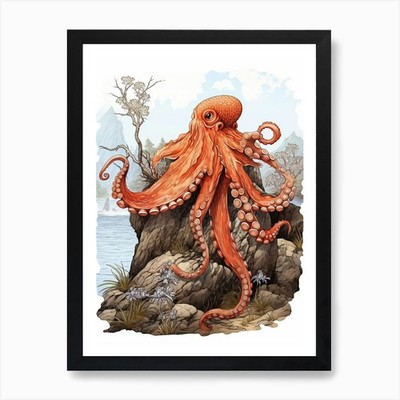 Giant Pacific Octopus Flat Illustra Framed Wall Art Poster Canvas Print Picture