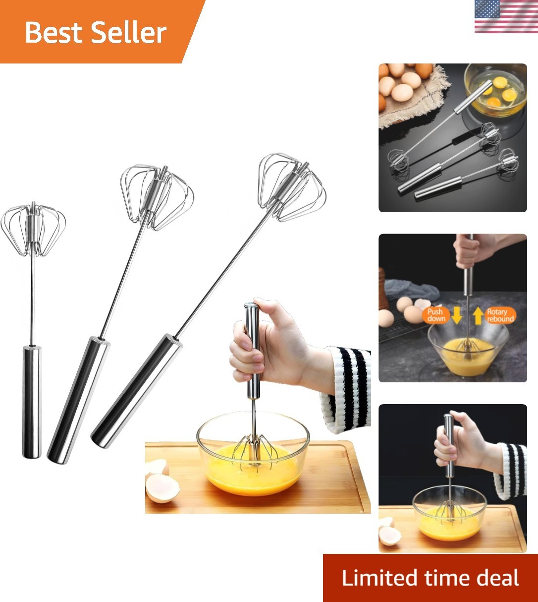 3 Pack Stainless Steel Egg Whisk, Hand Push Rotary Whisk Ble