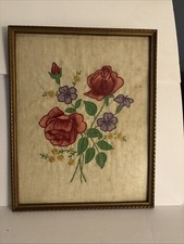 Vintage Framed Hand Stitched Floral Embroidery Artwork In A Gold Tone Frame