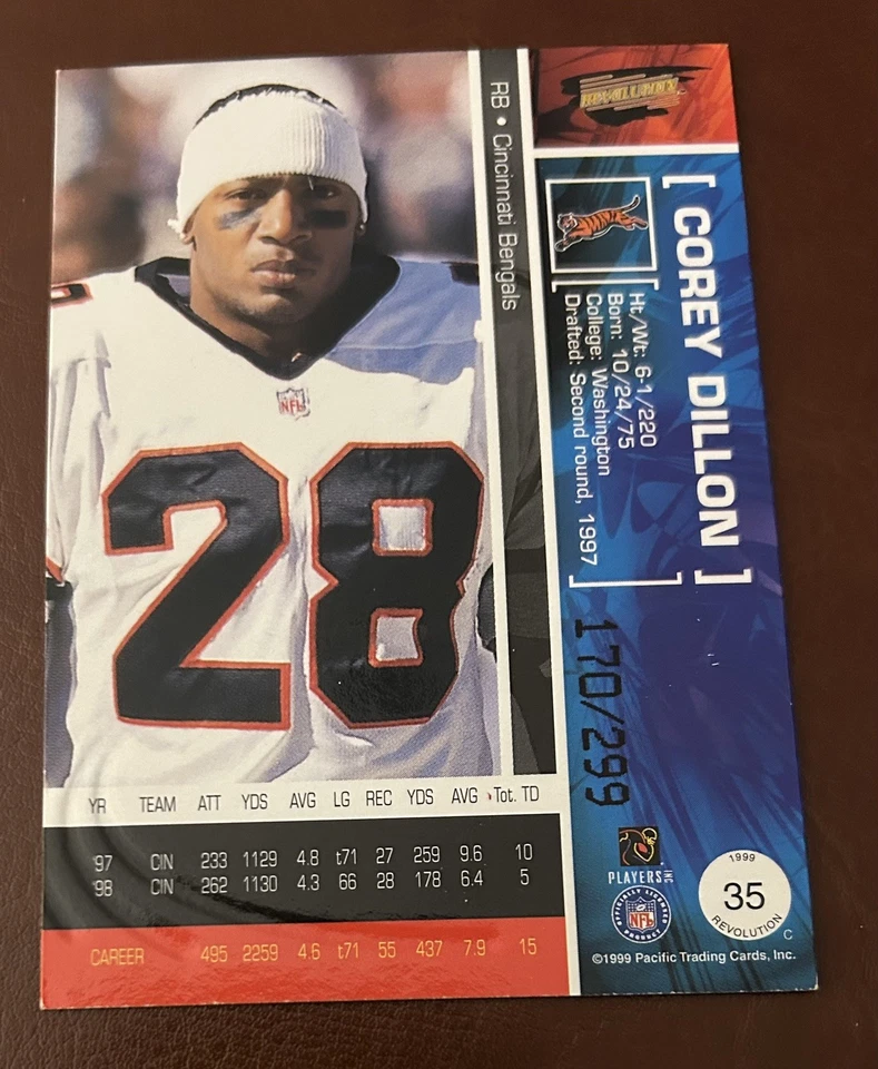 1999 Pacific Revolution Red, Serial #170 of 299, Corey Dillon #35 - Image 2 of 3